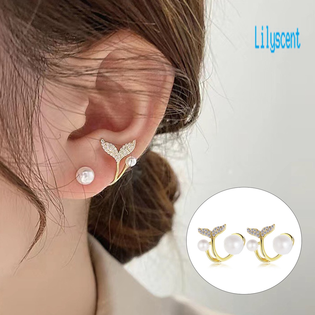 Ls 1 Pasang Anting Tusuk Wanita Desain Ekor Ikan Hias Mutiara + Berlian Imitasi Gaya Korea Untuk Hadiah