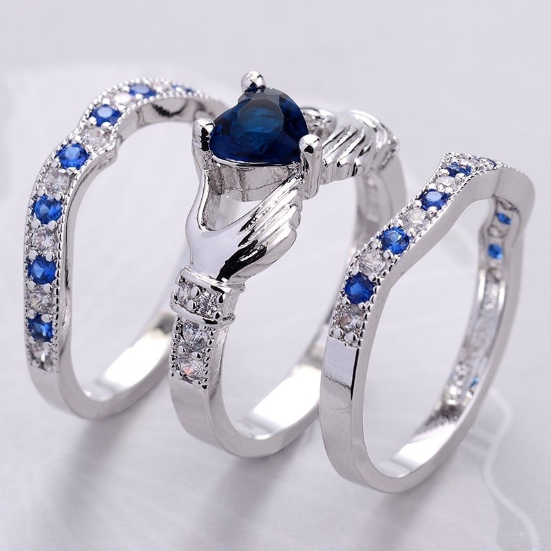 SeuSuk 3pcs Claddagh Heart Cut Sapphire&amp;Silver Crystal Ring Wedding For Gifts