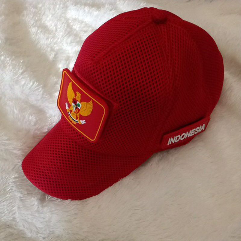 topi jaring double mess merah+ Velcro Garuda merah+tulisan Indonesia kecil 2pcs rela pict