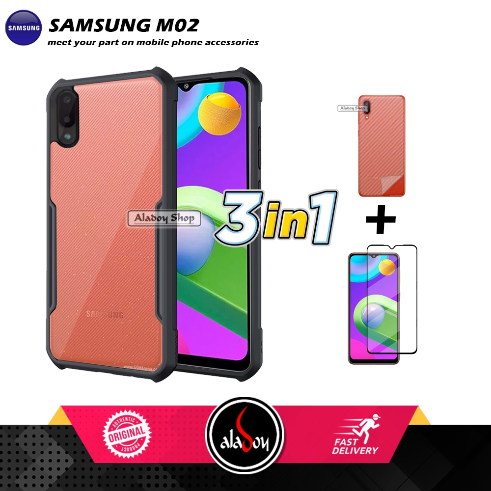 Case SAMSUNG M02 Armor Fushion Transparent Casing + Tempered Glass Full Layar dan Skin Carbon