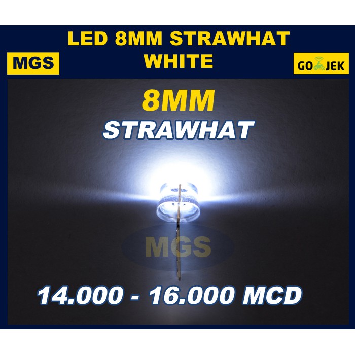 500Pcs LED 8mm Strawhat Putih Nyala Putih 14000 - 1600 Mcd