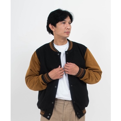 JipClo Jaket Varsity Baseball Unisex Pria Wanita Black Camel