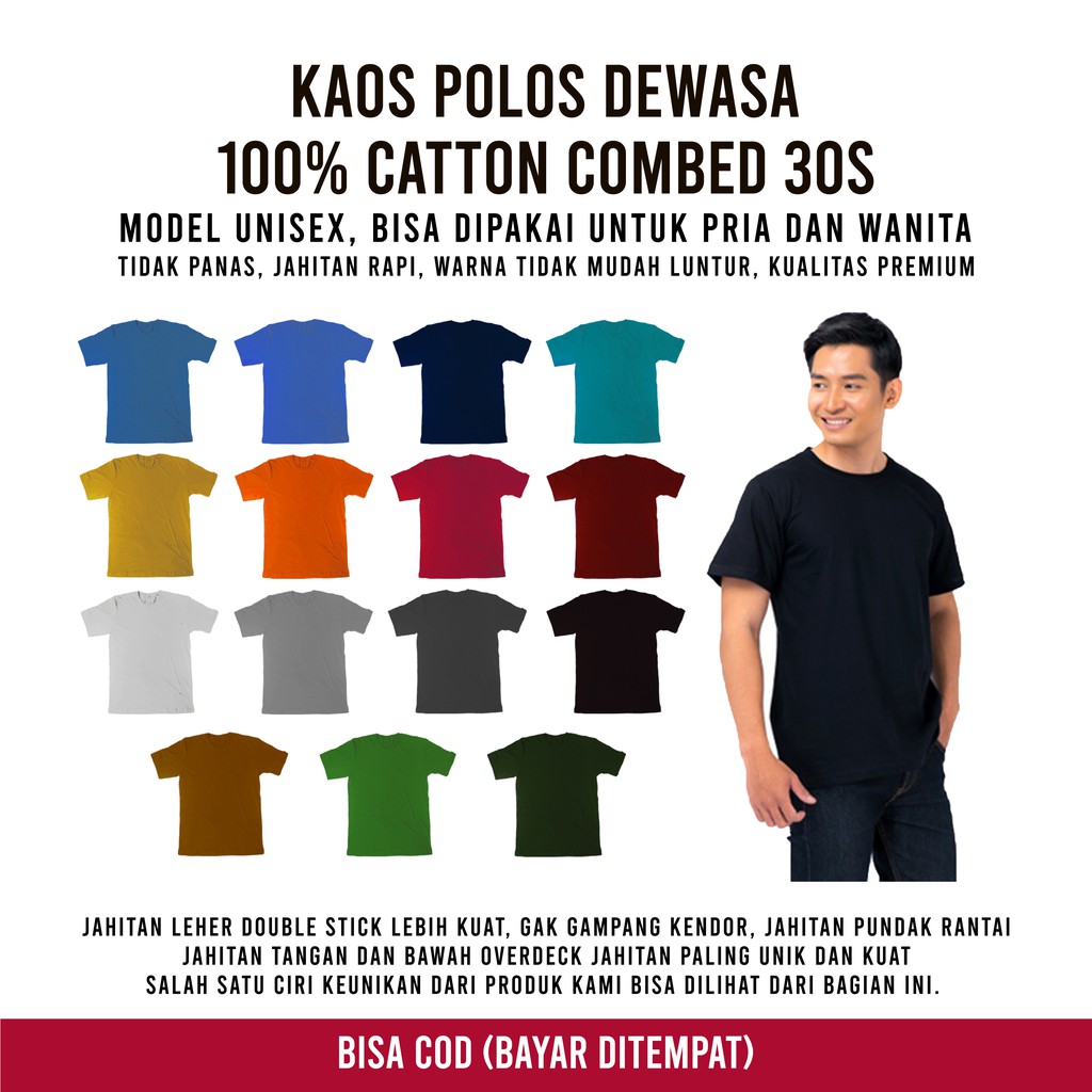 Kaos Polos 100 Cotton Combed 30s Model Unisex Untuk Pria Dan Wanita