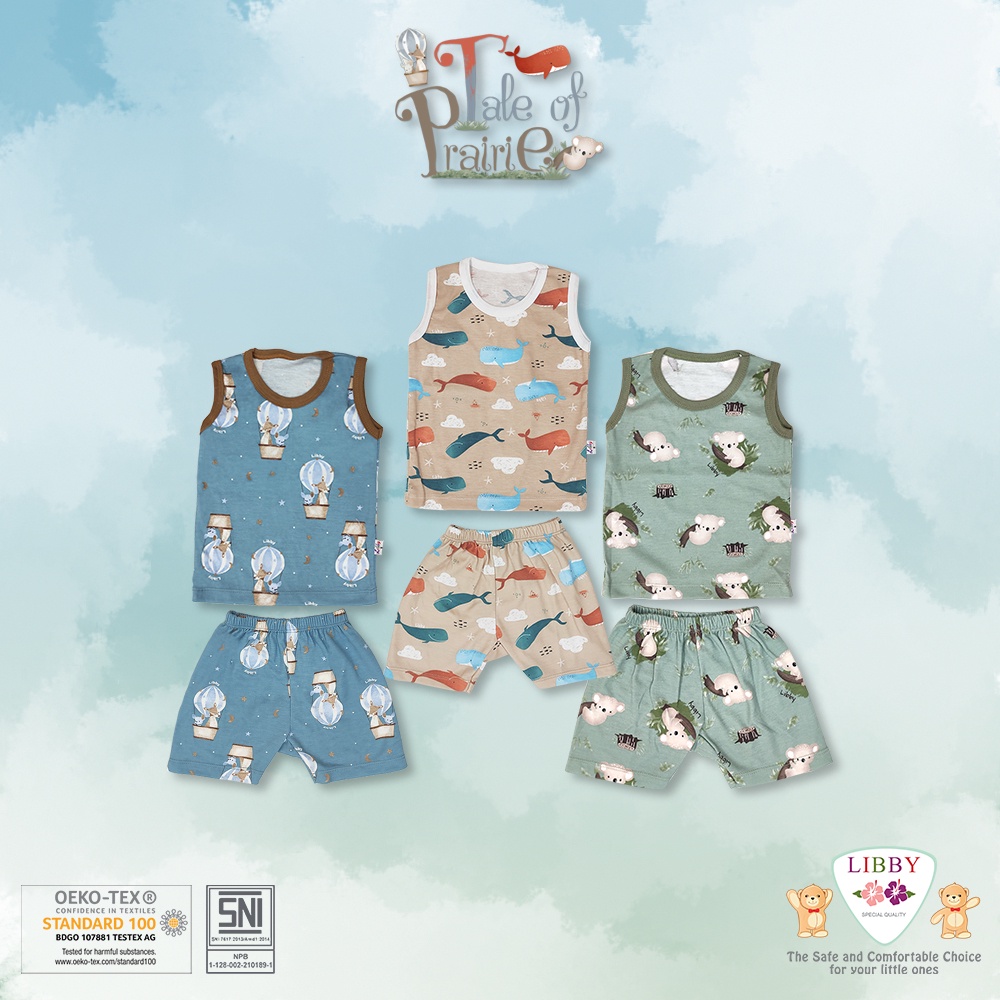 LIBBY 3 SETELAN Kutung Bayi Celana Pendek 6-18 Bulan PIYAMA OBLONG SINGLET SML Arevybabyshop