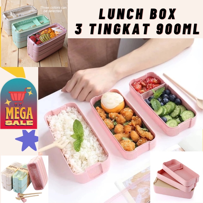 Kotak Bekal Lunch Box Kotak Makan Ompreng Tempat Makan 3 layer 900 ML Jerami BPA Free Sendok Garpu