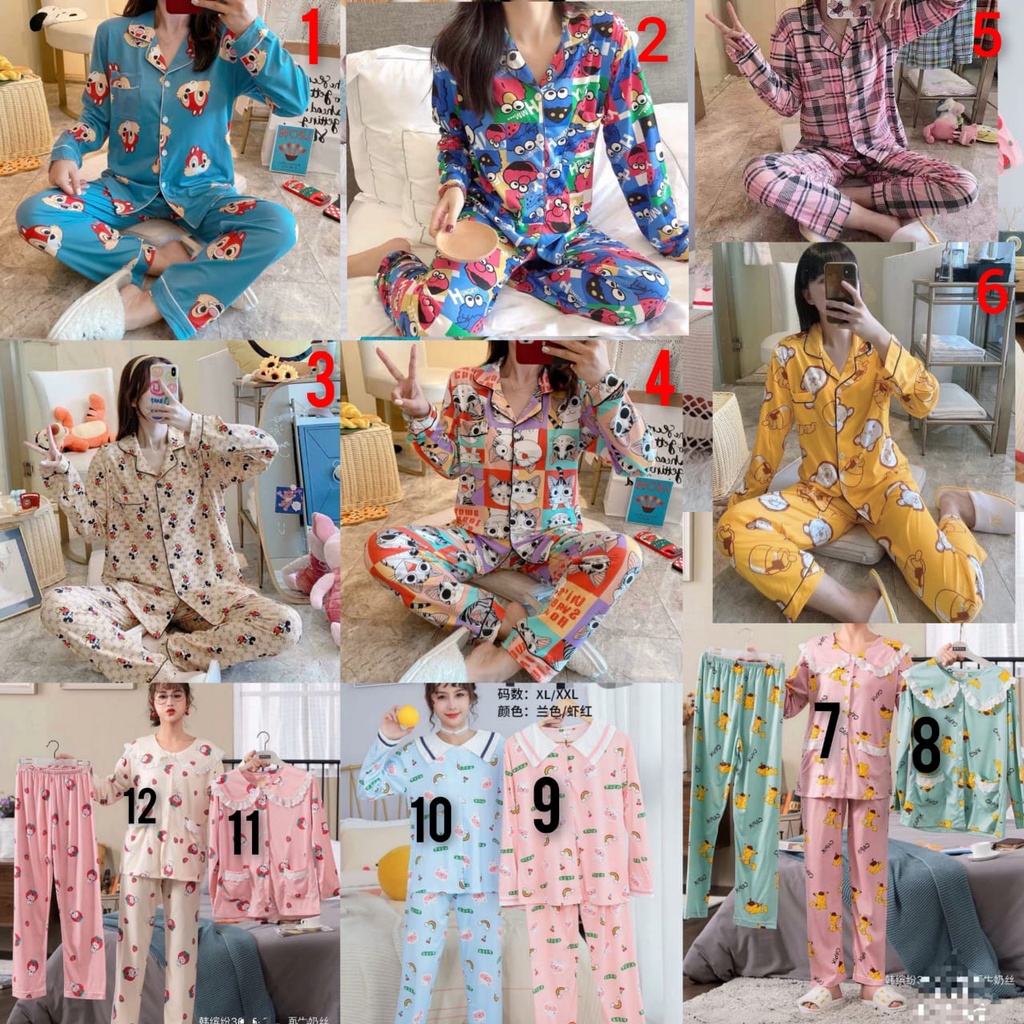 Baju tidur piyama bahan spandek import lengan panjang celana panjang PPkaos4o