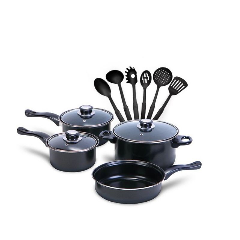 Panci Set 13pcs Hitam Free Spatula Tutup Kaca