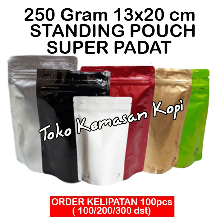 

Kemasan Kopi 100 Standing Pouch Alumunium Foil Super 250+Zipper/hitam/emas/hijau/putih/merah/silver
