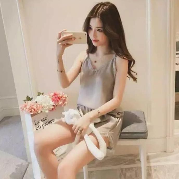 baju tidur grey V crop bahan tidak panas