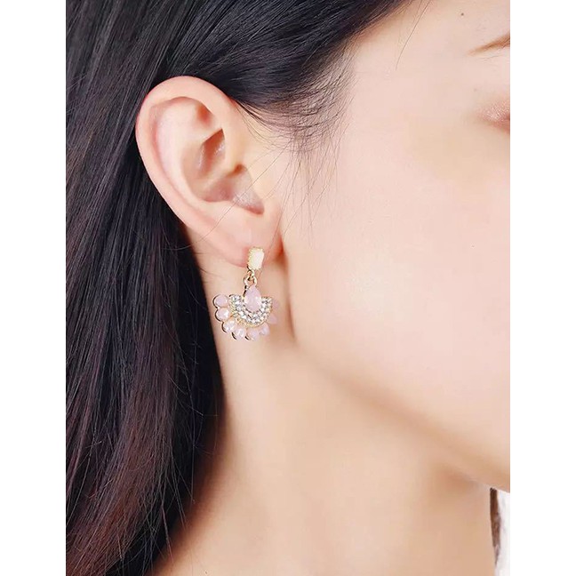 LRC Anting Tusuk Fashion Pink Half Flower-shaped Alloy Diamond Earrings P59673