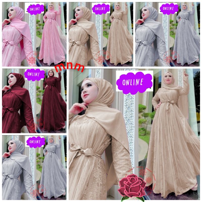 BAJU GAUN MUSLIMAH MODEREN DRESS WANITA DEWASA GAMIS REMAJA BROKAT TILE IMPORT IBU IBU TERBARU SET H