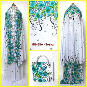 Mukena Bali Putih Motif Bunga Sepatu Size Semi Jumbo MU438A Toska