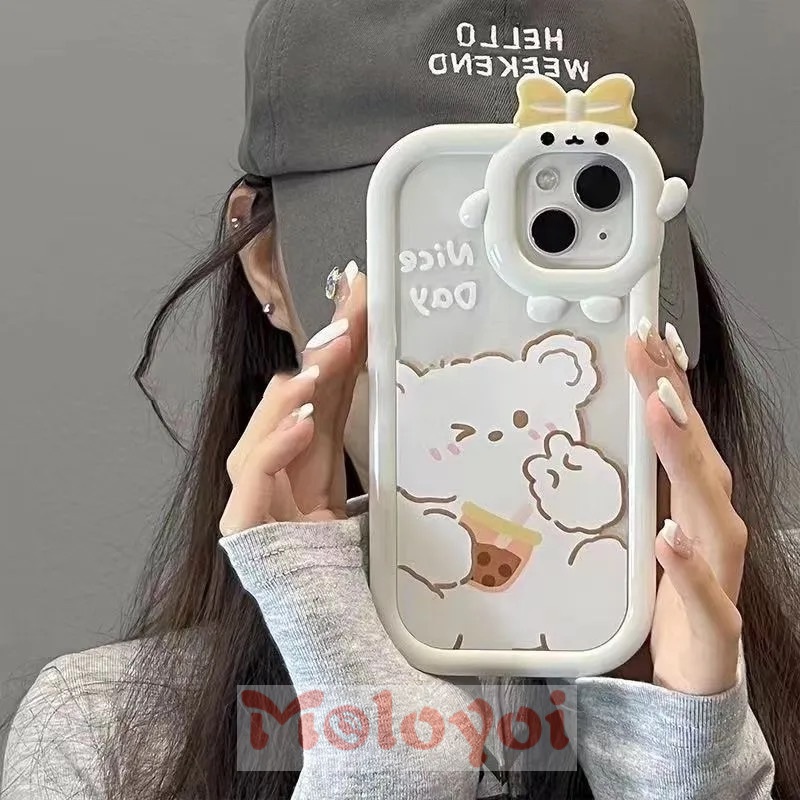 Soft Case TPU Motif Kartun Beruang Putih 3D Untuk iPhone 7 8 14 Plus 6 6S XR 14 11 13 12 Pro Max X XS Max SE 2020 14Pro Max