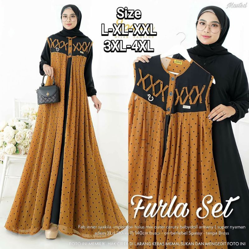 Gamis jumbo 2 in 1 set outeher Furla ukuran L XL XXL 3XL 4XL ld 100 110 120 130 140 gamis set outer kekinian Gamis aouter super jumbo L XL XXL 3L 4L LD up to 140 terbaru busui friendy kekinian sahila