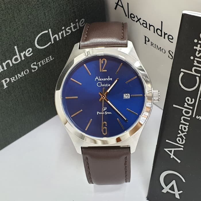 JUAL JAM TANGAN ASLI   ALEXANDRE CHRISTIE AC 1009 PRIA SILVER BLUE LEATHER BROWN ORIGINAL   I