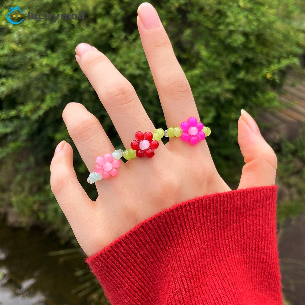 Fashion Colorful Beads Ring Korean Floral Pearl Rings Women Jewelry Accessories Gift