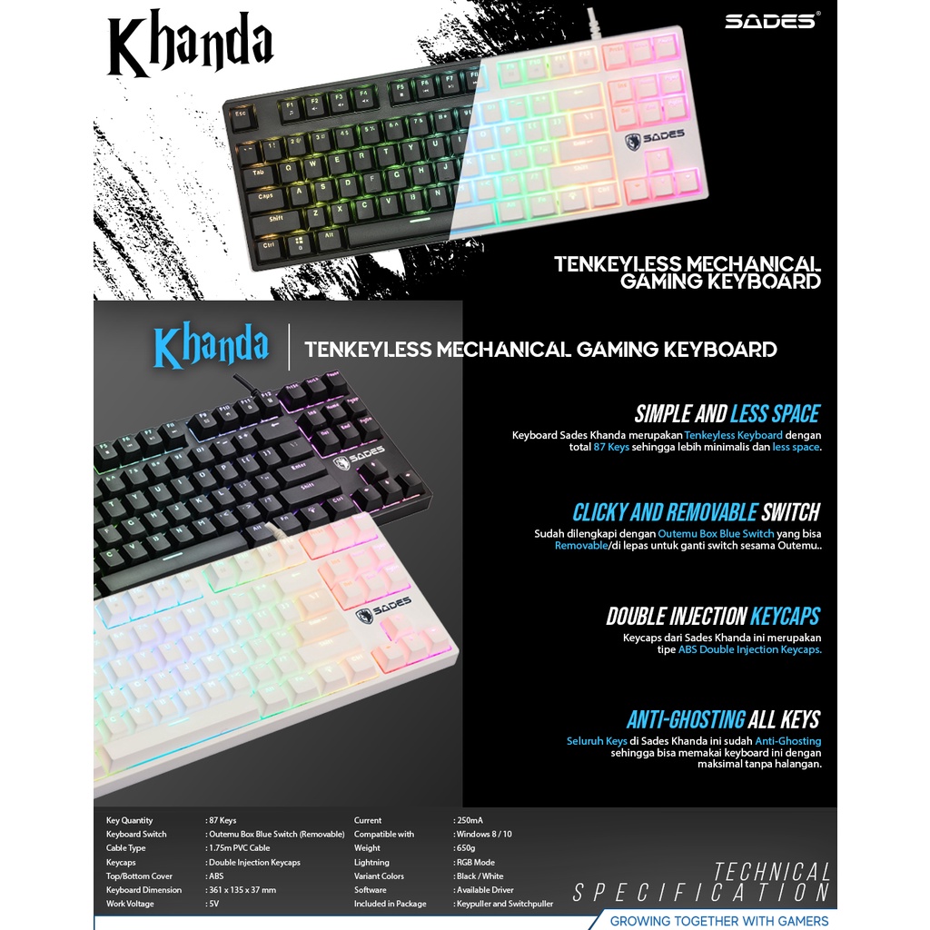 Sades Khanda Mechanical Gaming Keyboard TKL Removable Switch