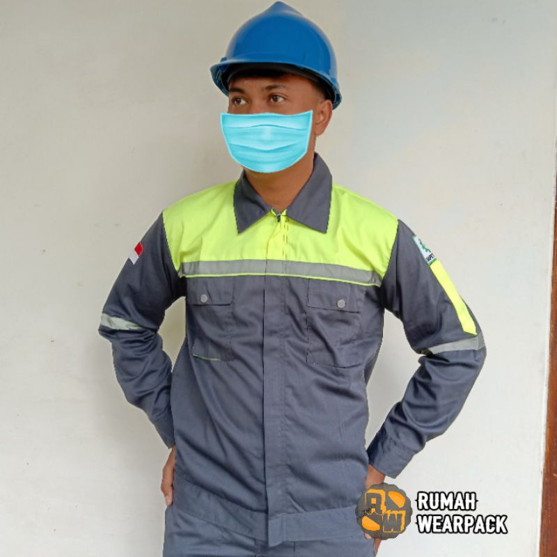 Baju Kerja/ Wearpack Proyek/ Seragam Kerja Atasan Lengan Panjang Abu Tua Hijau