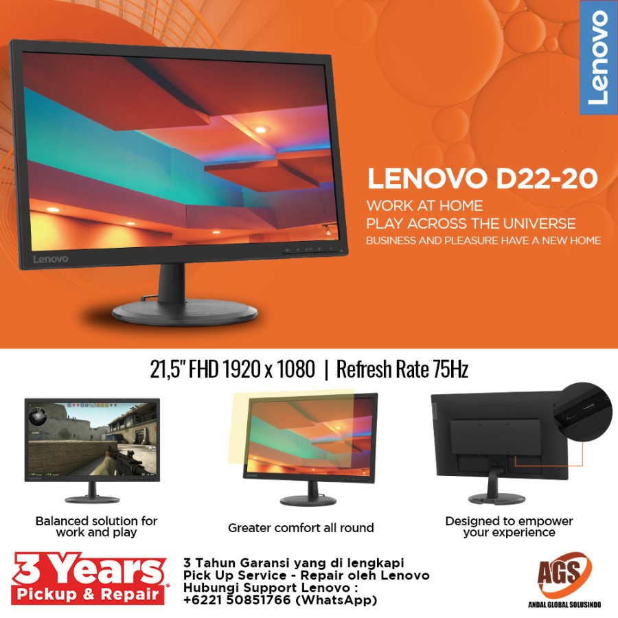 Monitor LED Lenovo D22E-20 22&quot; FHD 4ms IPS 75Hz