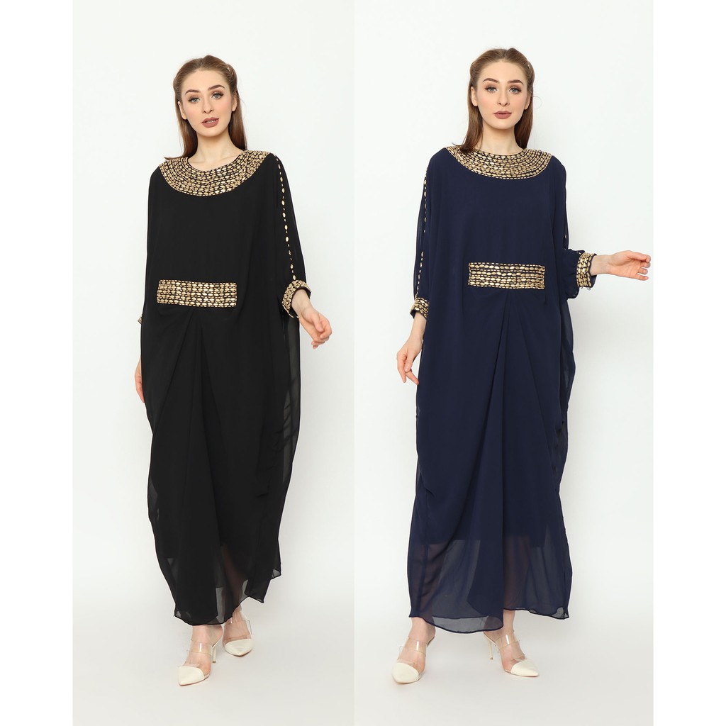 Gamis Wanita Full Payet Gold Warna Navy Mewah Syari untu pesta Lebaran mewah dan modern all size