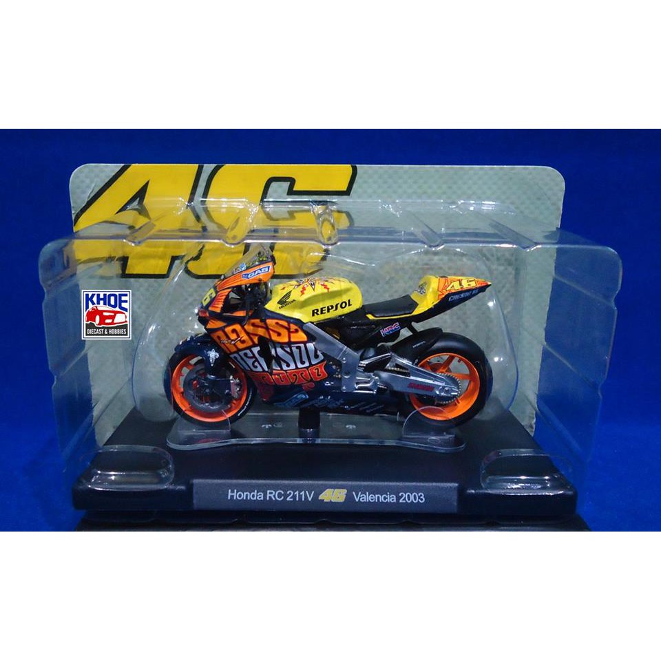 Diecast Miniatur Motor Honda RC211V Vxxentino Rossi Valencia 2003 Skala 18 By Leo Model