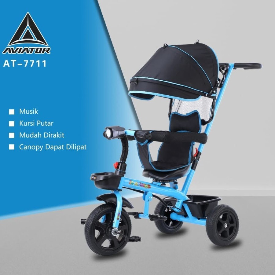 Sepeda Roda Tiga Aviator AT 7711 Stroller Kursi Putar Musik Tricycle