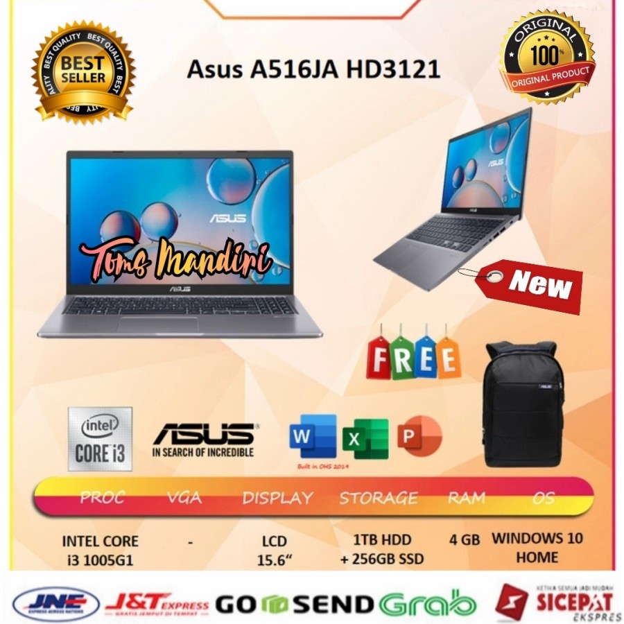 Asus A516JA-HD3121/3122 Ci3-1005G1/4Gb/1Tb + 256 Gb Ssd/W10+Ohs/15.6"