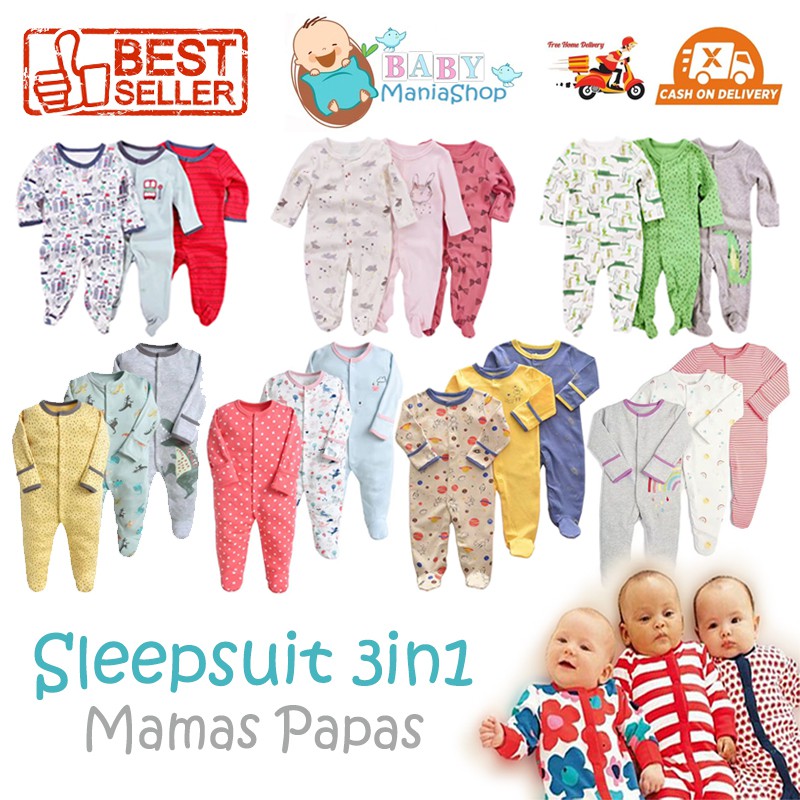 SLEEPSUIT Mamas Papas 3in1 PREMIUM QUALITY Sleepsuit Bayi Pajamas Tutup Kaki Baju Tidur Bayi Jumpsuit Mama Papa Baju Bayi Katun Halus Lengan Panjang Kaki Panjang Romper Panjang Ballerina Dino City Cars Shabby