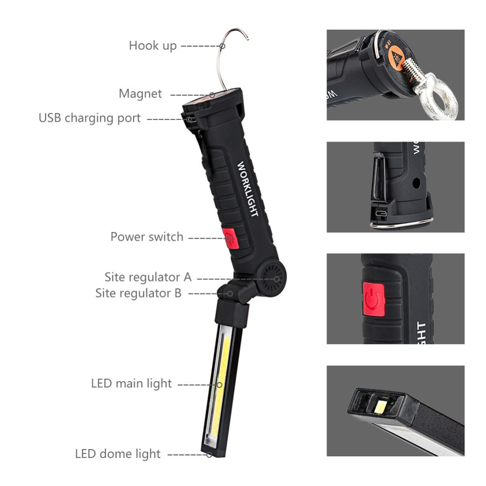 TaffLED Worklight Senter COB Magnetic Flashlight LED 2000 Lumens - 175A - Black