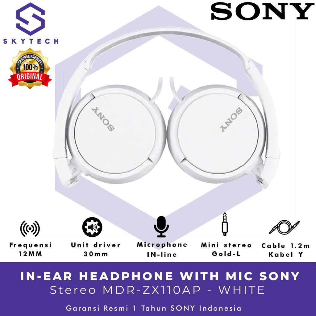 HEADSET SONY MDR ZX110AP WITH MIC WHITE ORIGINAL GARANSI RESMI