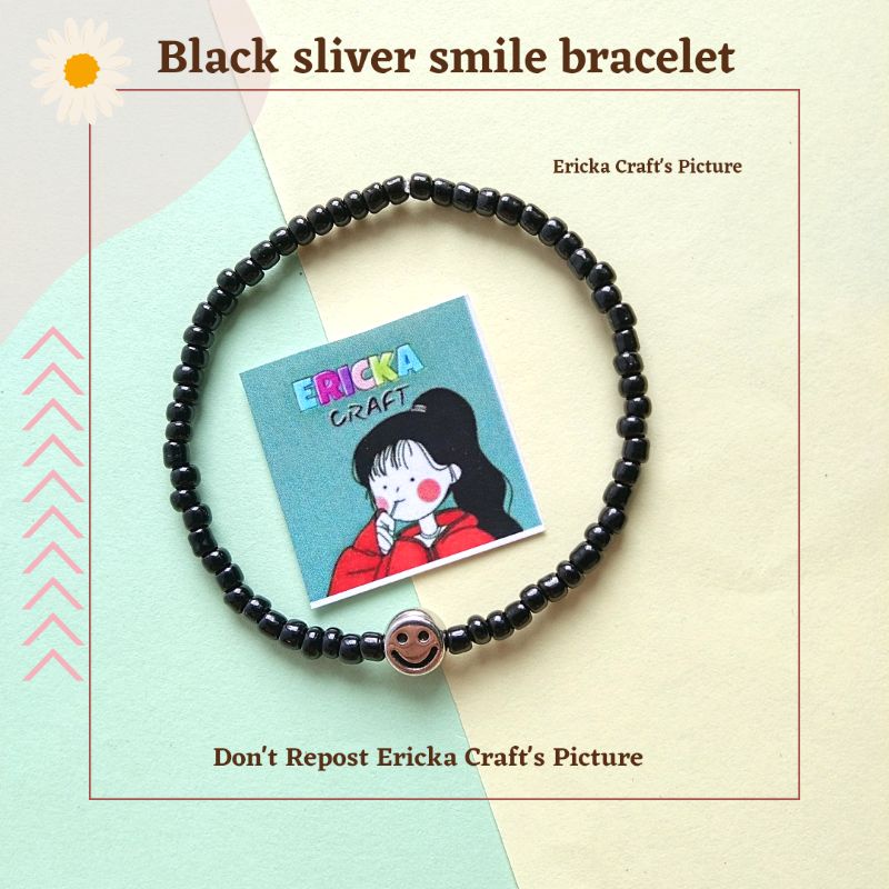 GELANG MANIK MANIK HITAM SMILE SILVER BEAD BRACELET PRIA WANITA SIMPLE KOREA KPOP BY ERICKA CRAFT
