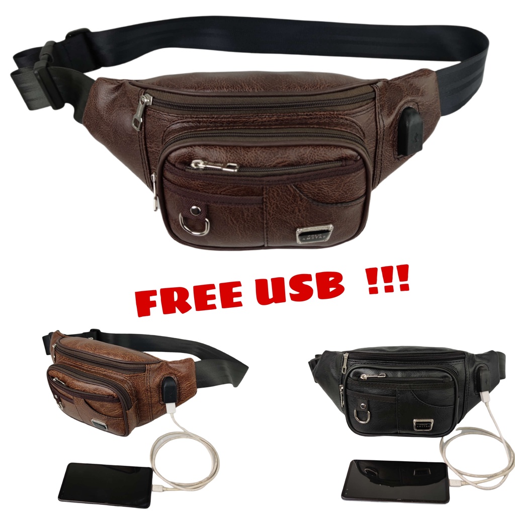 Waistbag / Tas Pinggang Kulit PU Leather Import Quality Original Polo Amstar FREE USB