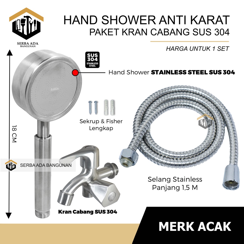 HAND SHOWER FULL STAINLES STEEL SS304 KOMPLIT + SHOWER + PEYANGGA + SELANG + SKRUP KUALITAS BAGUS