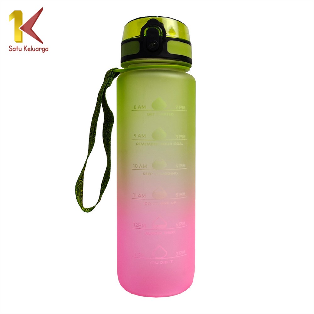 Satu Keluarga Botol Minum 1 Liter C407 Gradasi Tumbler Olahraga Sport Unik Botol Motivasi Thumbler Penanda Waktu BPA FREE-NEON-PINK