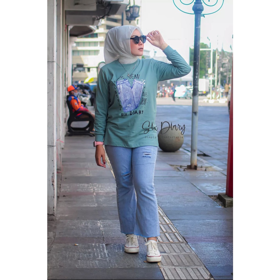 Baju Wanita Fashion wanita Kaos Wanita Atasan Wanita Kaos Lengan Panjang Wanita Six Diary Motif JEANS WARNA HIJAU TOSCA// Style Zolaqu//BAJU WANITA LENGAN PANJANG / SWEATER WANITA KEKINIAN / KAOS WANITA TRENDY / ATASAN WANITA TERBARU 2022