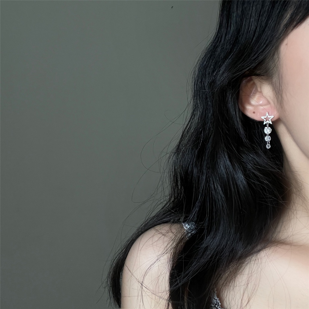 Rhinestone panjang anting-anting untuk Wanita bintang telinga kancing all-match elegan sederhana cah