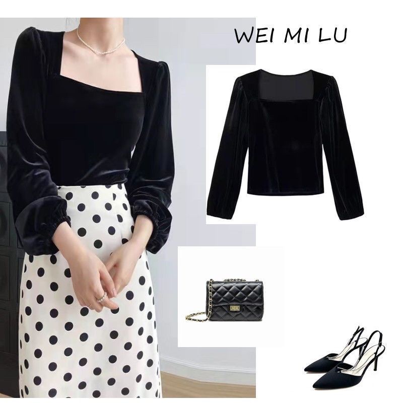 B6 Korean Blouse velvet wanita top square neck long sleeve / atasan wanita lengan panjang