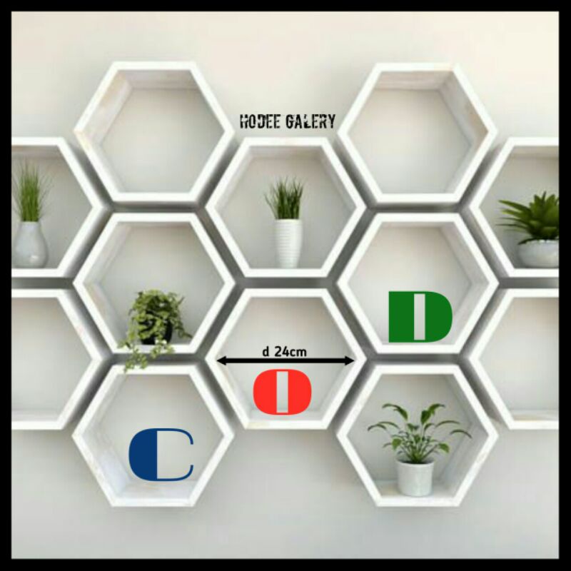 Rak Hiasan Dinding Kayu Hexagonal, Ambalan dinding hexagonal, rak dinding tempel - d23cm