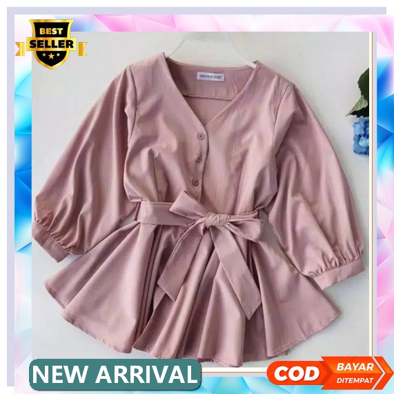 Atasan Lengan Panjang Kekinian Korea Style Blush Blouse Muslim Cewek Kemeja Putih Love Hitam [Baju A