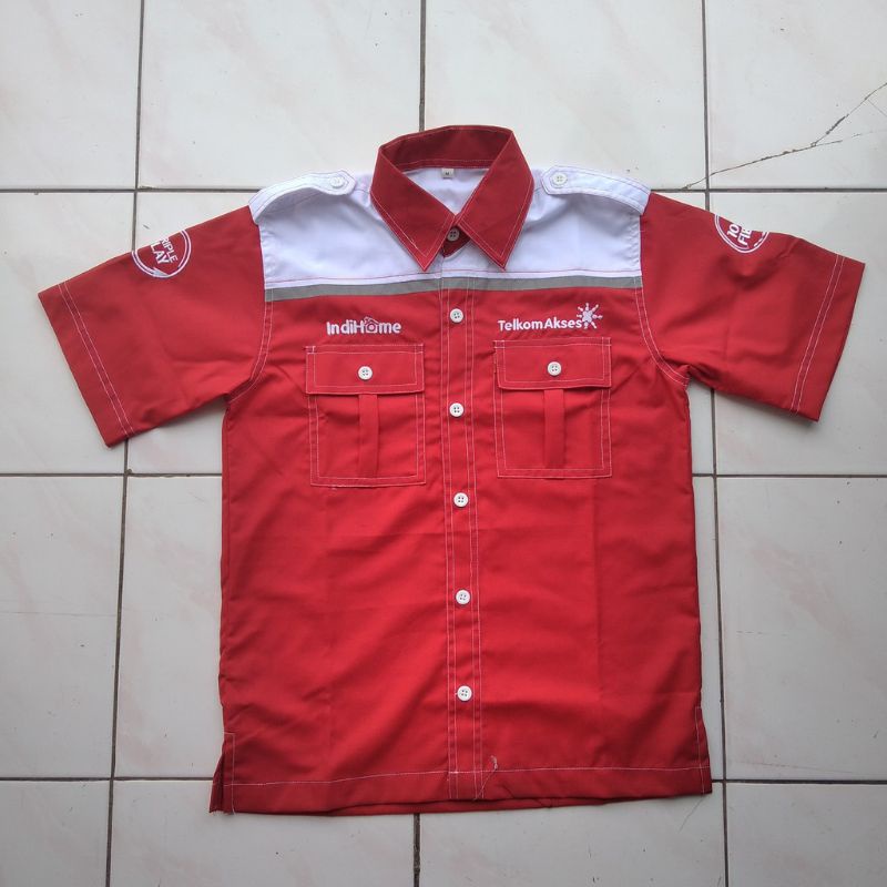 Baju Indihome Lengan Pendek Seragam Telkom Kemeja Kerja Merah Putih Logo Bordir