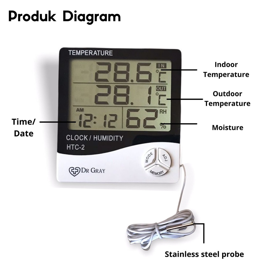 Termometer higrometer suhu ruangan -  Thermometer Higrometer temperature indoor outdoor HTC-2 DR GRAY