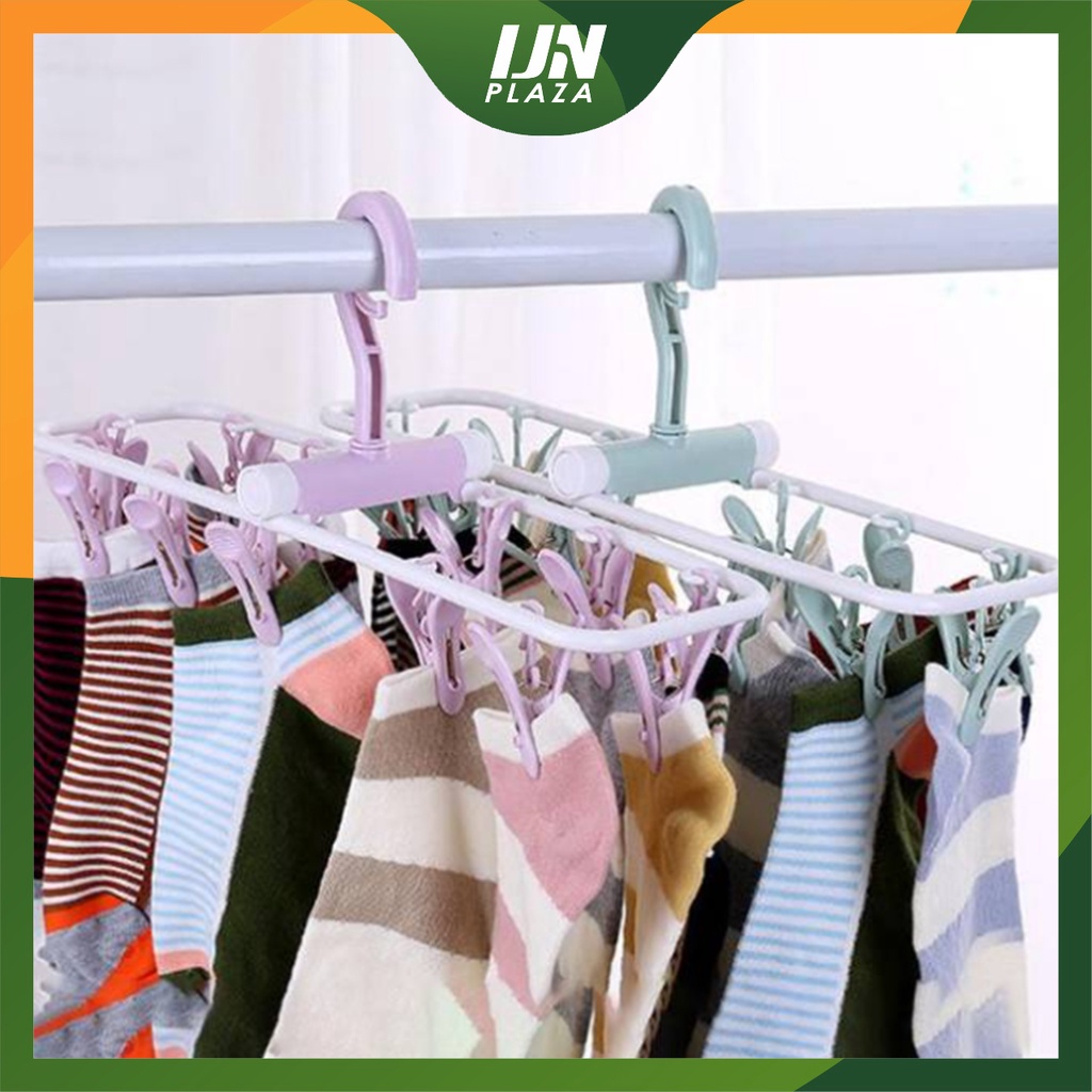 ❤ IJN ❤ Hanger Jemuran Baju Gantungan Pakaian Lipat Portable 12 Jepitan Jemuran Bra Jaket Kaos kaki Multifungsi