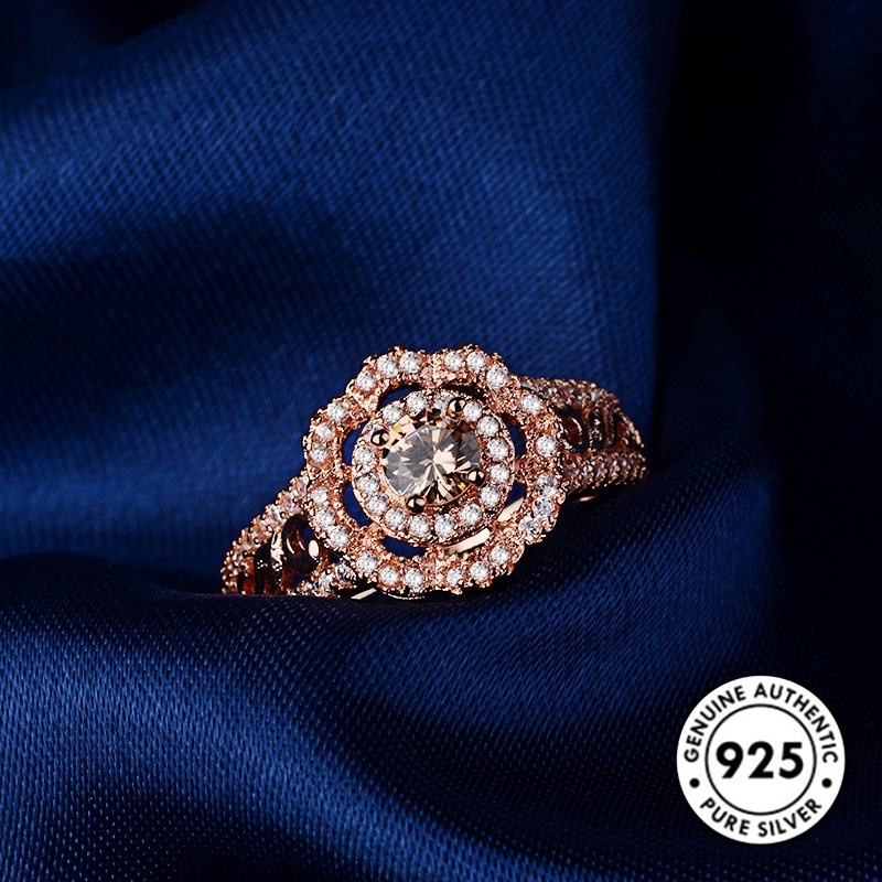 Cincin Sterling Silver 925 Model Bunga Warna Rose Gold Dengan Berlian Mewah Untuk Wanita