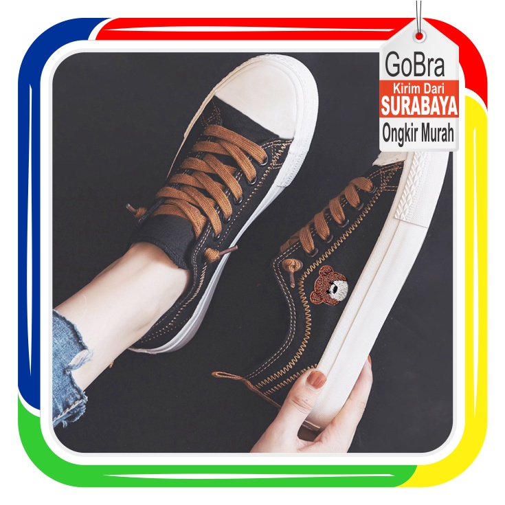 Gobra ♕ SEP003 (Tanpa Kotak) Sepatu Kanvas Wanita Bear Beruang Model Korea Fashion Casual Sport Import