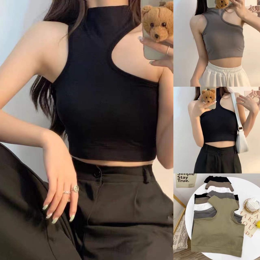 sayishop Tanktop Crop halter neck atasan crop top bra dalaman tank top korea cut side