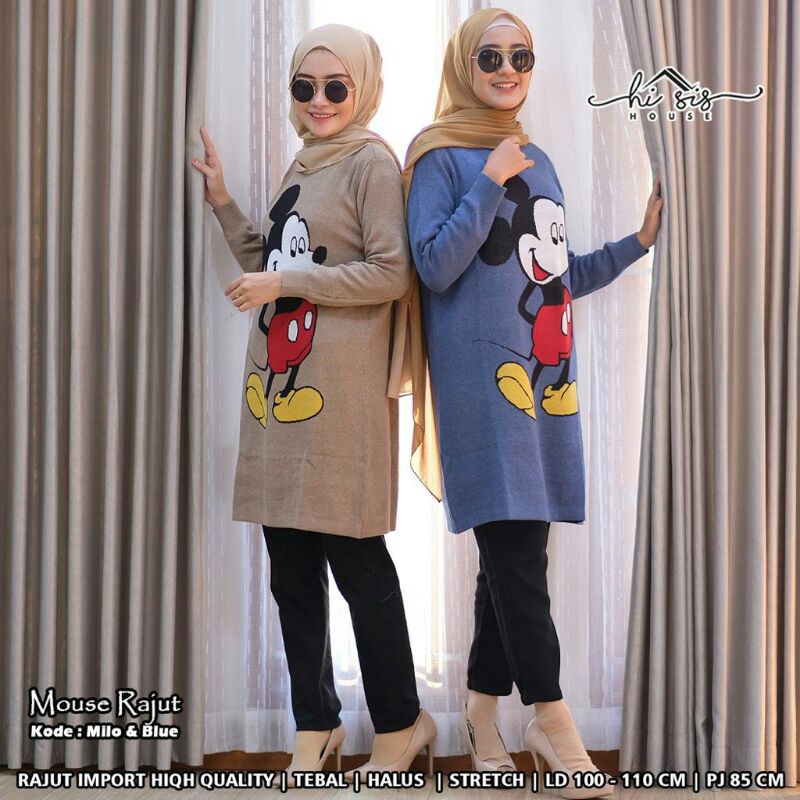 Atasan wanita tunik Mickey mouse bahan rajut