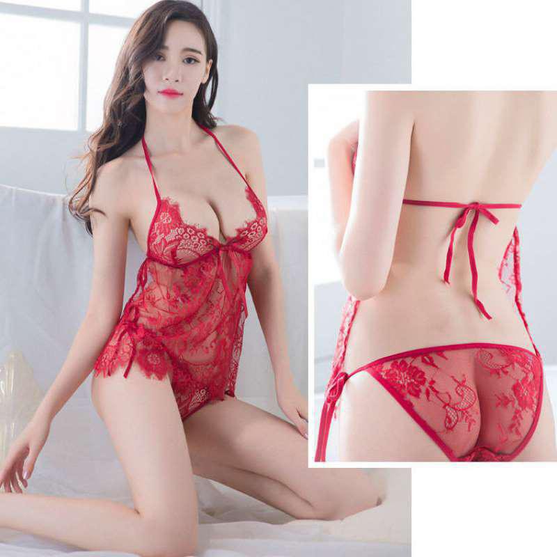 Ɛѵҽ Lingerie Set Baju Tidur +  Celana Dalam Seksi Motif Bunga Renda Transparan Eksotis 1041