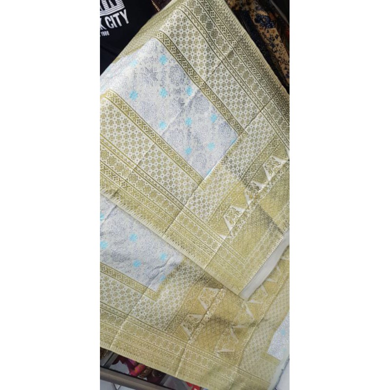 Songket palembang asli sutra ori lepus putih gading rakam
