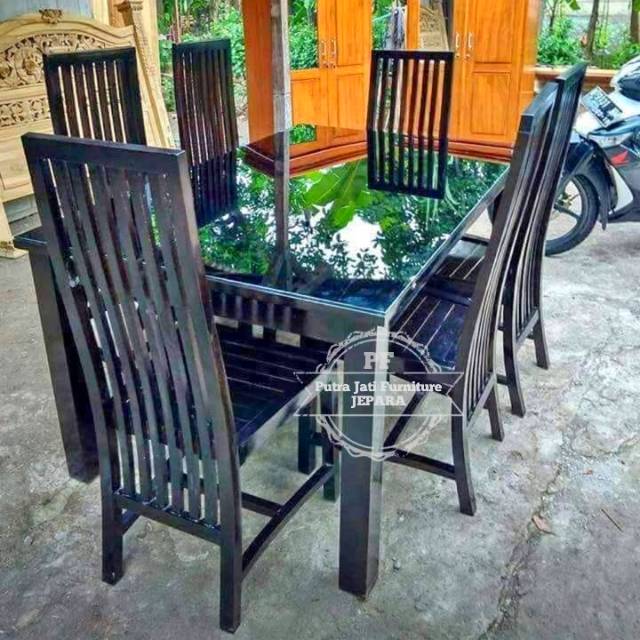 Meja Makan Jati + 6 Kursi Kayu Jati, 1 Set Meja Makan + Kaca