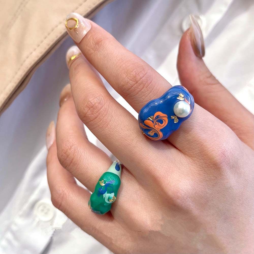 Needway  Retro Open Ring Personality Fashion Jewelry Finger Rings Women Pearl Korean Temperament Painted Flower Girls Alloy/Multicolor